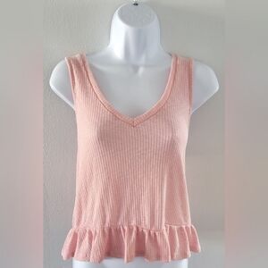 Antistar Peplum Ruffle Textured Sleevless Tank Top V-neck Fairy Pink L